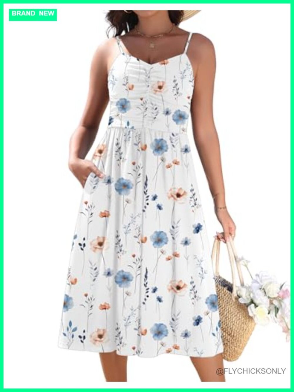 Women's Adjustable Spaghetti Strap Ruched V Neck Midi Sundress with Pockets